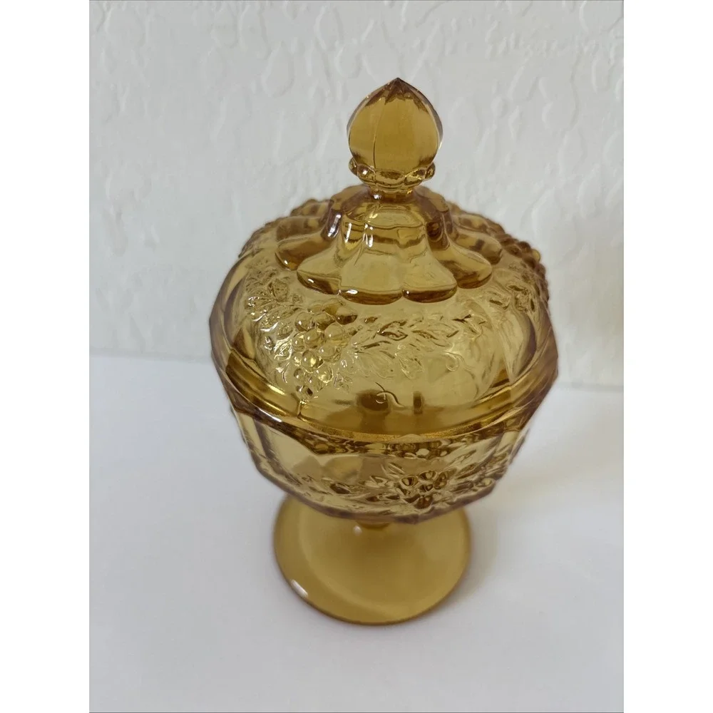 Vintage Amber Glass Candy Dish With Lid Pedestal